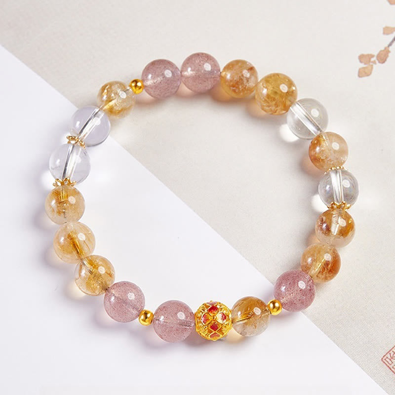 Buddha Stones 999 Sterling Silver Citrine Strawberry Quartz White Crystal Protection Bracelet