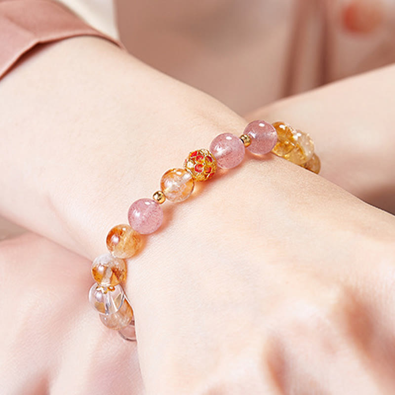 Buddha Stones 999 Sterling Silver Citrine Strawberry Quartz White Crystal Protection Bracelet