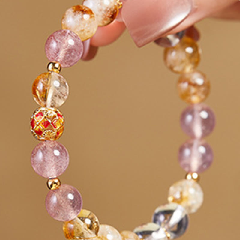 Buddha Stones 999 Sterling Silver Citrine Strawberry Quartz White Crystal Protection Bracelet