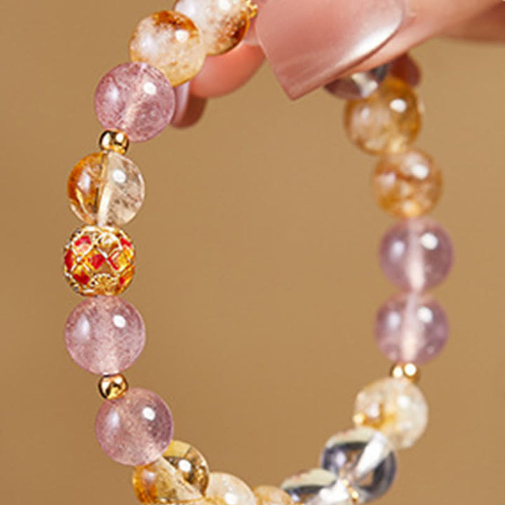 Buddha Stones 999 Sterling Silver Citrine Strawberry Quartz White Crystal Protection Bracelet