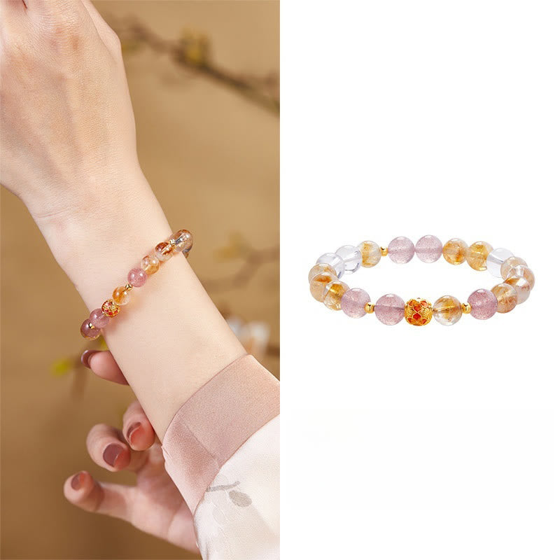Buddha Stones 999 Sterling Silver Citrine Strawberry Quartz White Crystal Protection Bracelet