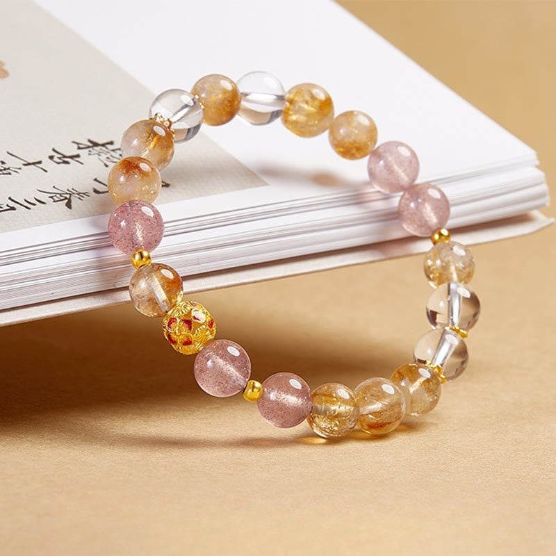 Buddha Stones 999 Sterling Silver Citrine Strawberry Quartz White Crystal Protection Bracelet