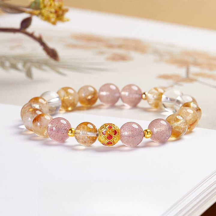 Buddha Stones 999 Sterling Silver Citrine Strawberry Quartz White Crystal Protection Bracelet