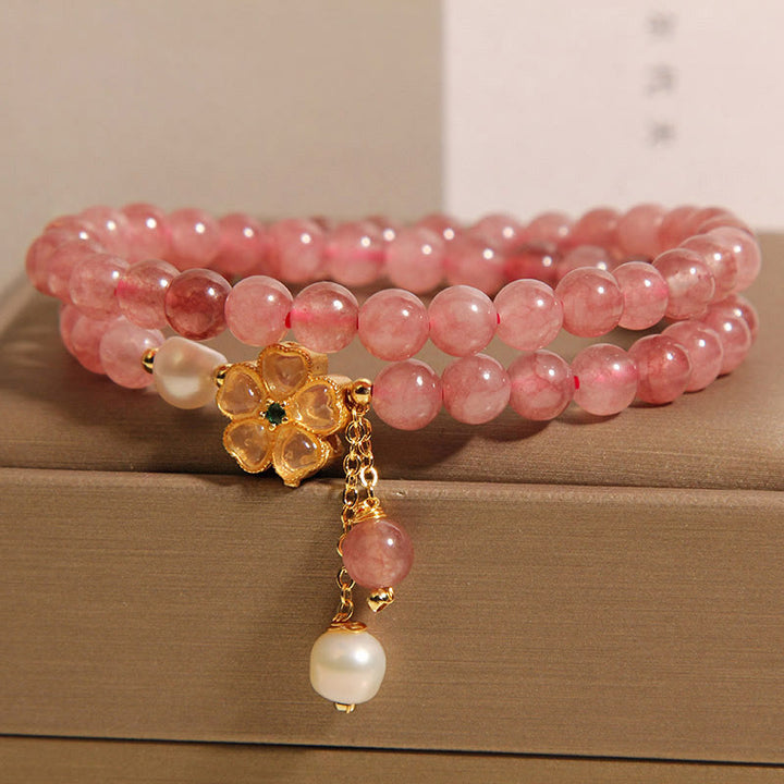 Buddha Stones Strawberry Quartz Four Leaf Clover Double Wrap Design Positive Bracelet