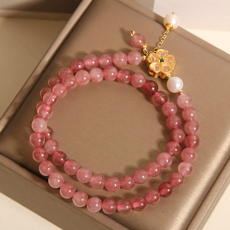 Buddha Stones Strawberry Quartz Four Leaf Clover Double Wrap Design Positive Bracelet