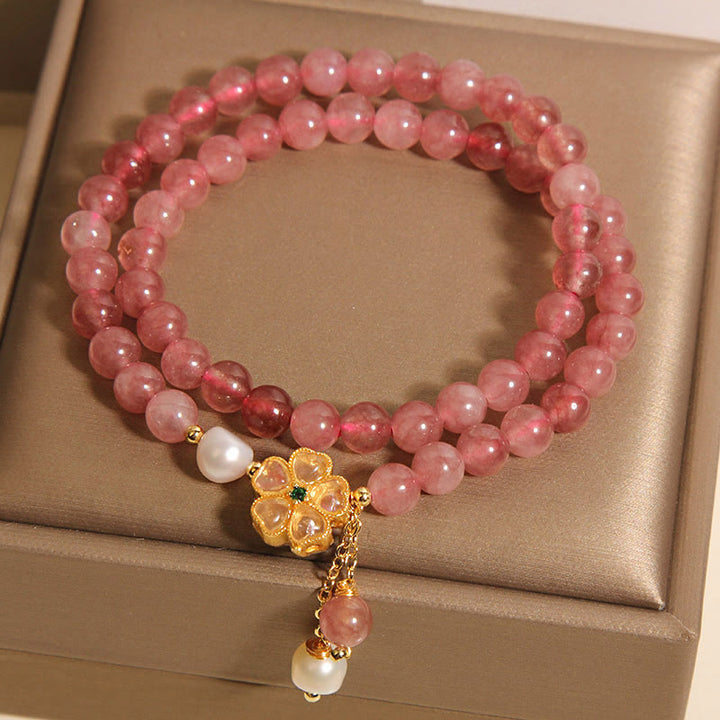 Buddha Stones Strawberry Quartz Four Leaf Clover Double Wrap Design Positive Bracelet
