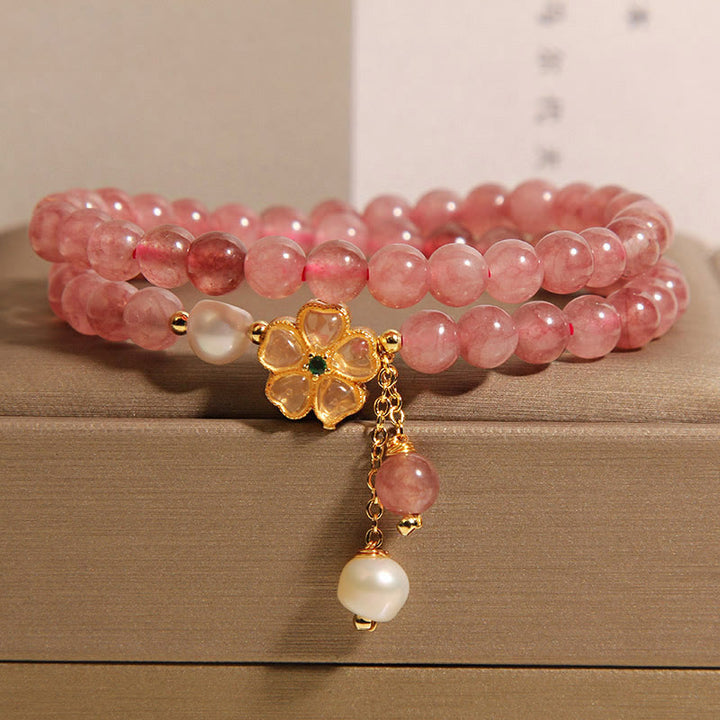 Buddha Stones Strawberry Quartz Four Leaf Clover Double Wrap Design Positive Bracelet