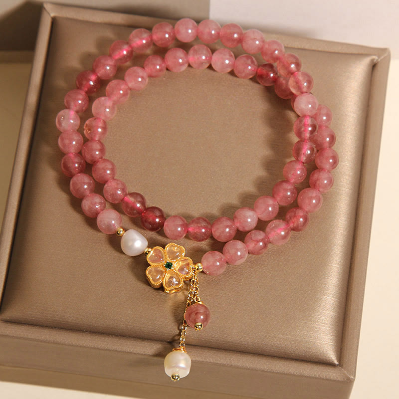 Buddha Stones Strawberry Quartz Four Leaf Clover Double Wrap Design Positive Bracelet