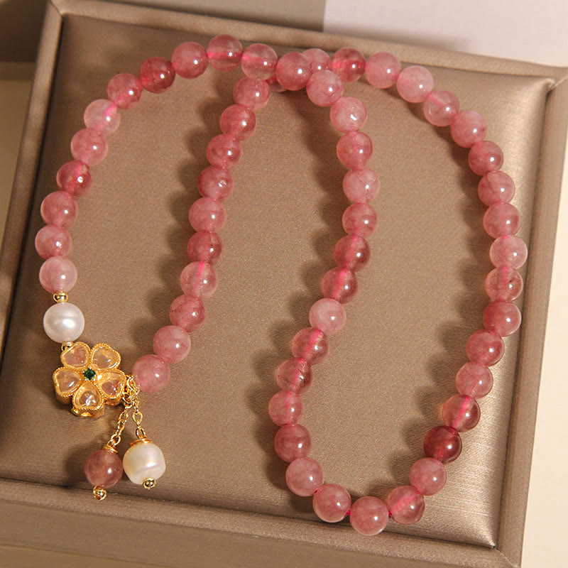 Buddha Stones Strawberry Quartz Four Leaf Clover Double Wrap Design Positive Bracelet