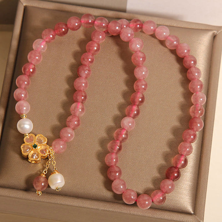 Buddha Stones Strawberry Quartz Four Leaf Clover Double Wrap Design Positive Bracelet