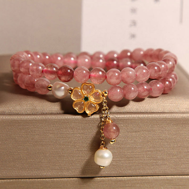 Buddha Stones Strawberry Quartz Four Leaf Clover Double Wrap Design Positive Bracelet