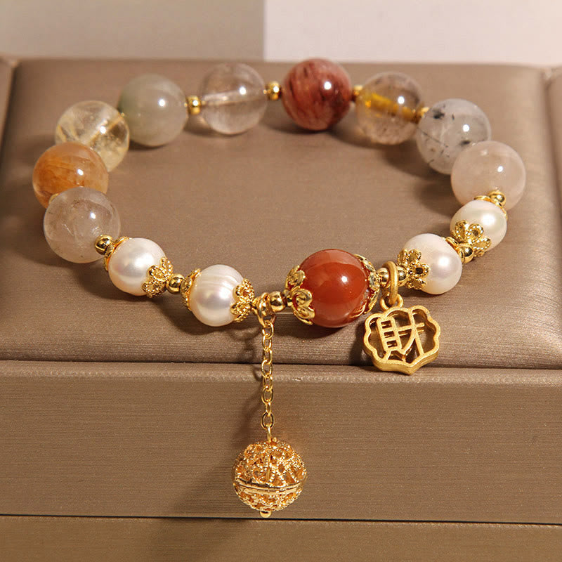 Buddha Stones Natural Rutilated Quartz Pearl Attract Fortune Wealth Bracelet