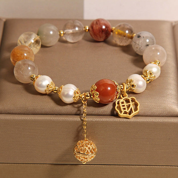 Buddha Stones Natural Rutilated Quartz Pearl Attract Fortune Wealth Bracelet