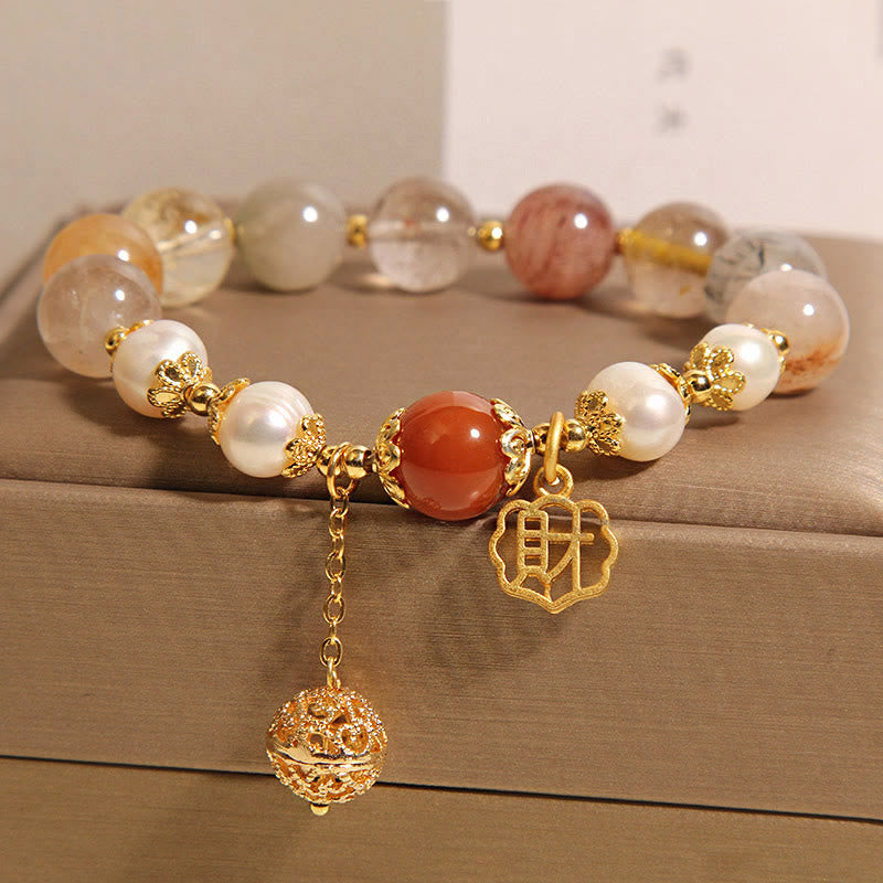 Buddha Stones Natural Rutilated Quartz Pearl Attract Fortune Wealth Bracelet