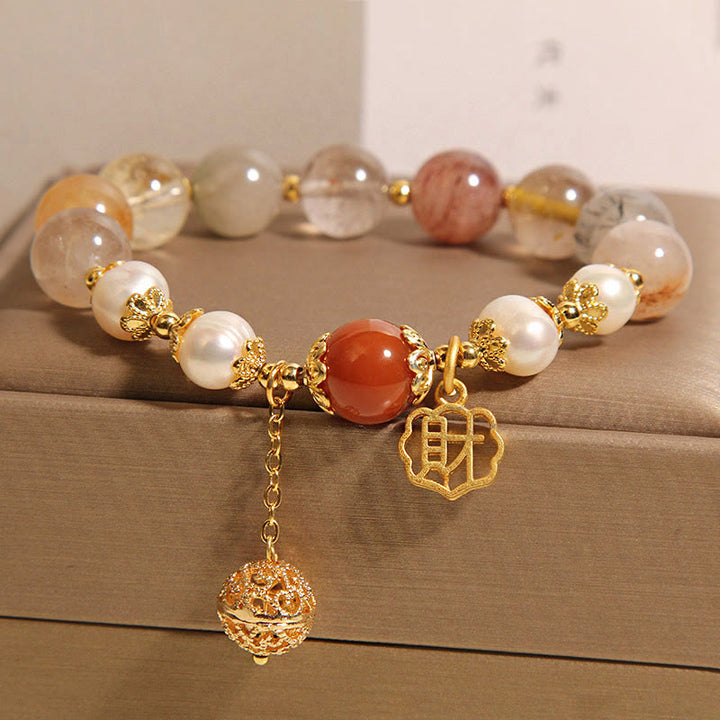 Buddha Stones Natural Rutilated Quartz Pearl Attract Fortune Wealth Bracelet