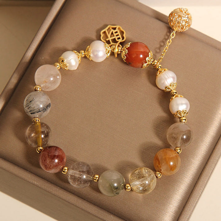 Buddha Stones Natural Rutilated Quartz Pearl Attract Fortune Wealth Bracelet