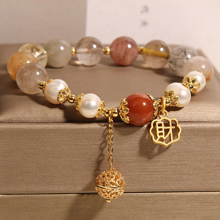 Buddha Stones Natural Rutilated Quartz Pearl Attract Fortune Wealth Bracelet
