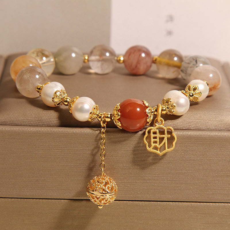 Buddha Stones Natural Rutilated Quartz Pearl Attract Fortune Wealth Bracelet
