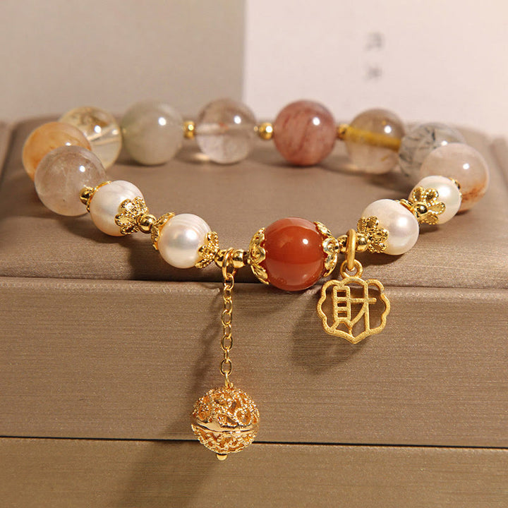 Buddha Stones Natural Rutilated Quartz Pearl Attract Fortune Wealth Bracelet
