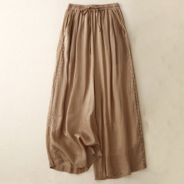 Buddha Stones Commute Solid Color Embroidery Drawstring Women's Wide Leg Ankle-Length Cotton Pants With Pockets - Peru - US8-10,UK/AU12-14,EU40-42 (2XL) - image 20