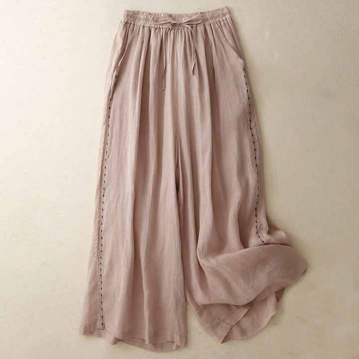 Buddha Stones Commute Solid Color Embroidery Drawstring Women's Wide Leg Ankle-Length Cotton Pants With Pockets - DarkSalmon - US8-10,UK/AU12-14,EU40-42 (2XL) - image 12