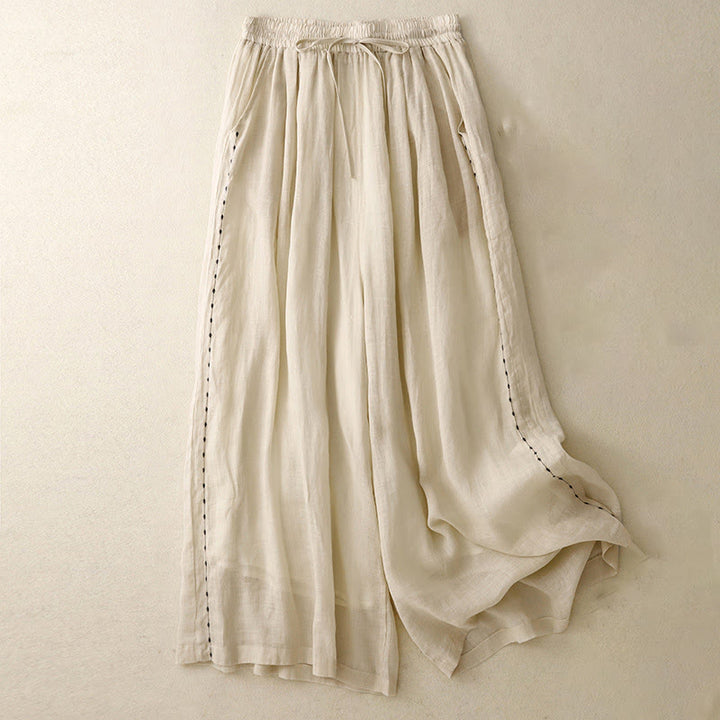 Buddha Stones Commute Solid Color Embroidery Drawstring Women's Wide Leg Ankle-Length Cotton Pants With Pockets - PaleGoldenrod - US8-10,UK/AU12-14,EU40-42 (2XL) - image 0