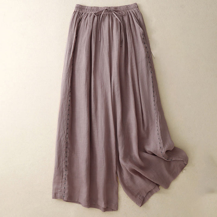 Buddha Stones Commute Solid Color Embroidery Drawstring Women's Wide Leg Ankle-Length Cotton Pants With Pockets - RosyBrown - US8-10,UK/AU12-14,EU40-42 (2XL) - image 16