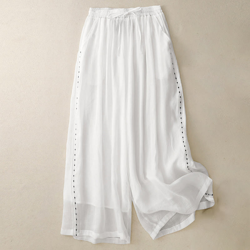 Buddha Stones Commute Solid Color Embroidery Drawstring Women's Wide Leg Ankle-Length Cotton Pants With Pockets - White - US8-10,UK/AU12-14,EU40-42 (2XL) - image 8