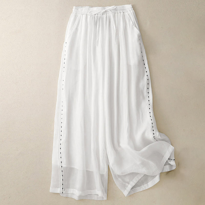 Buddha Stones Commute Solid Color Embroidery Drawstring Women's Wide Leg Ankle-Length Cotton Pants With Pockets - White - US8-10,UK/AU12-14,EU40-42 (2XL) - image 8
