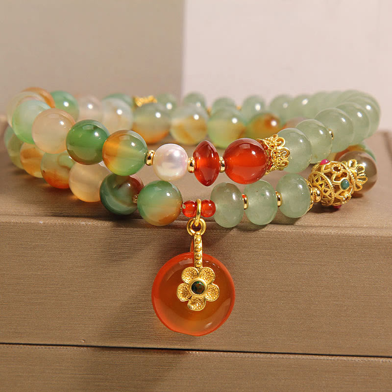 Buddha Stones Natural Colorful Peacock Agate Flower Peace Buckle Pearl Double Layer Support Bracelet
