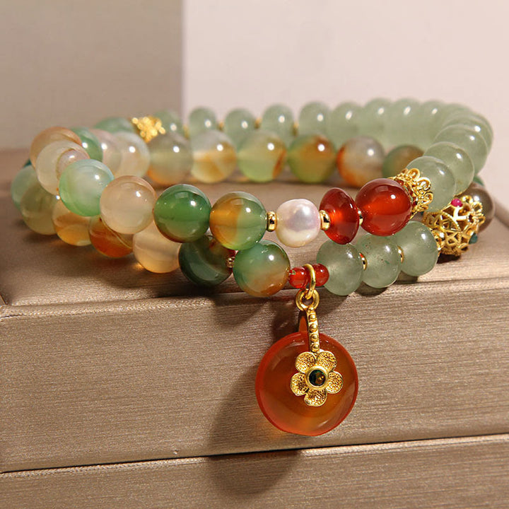 Buddha Stones Natural Colorful Peacock Agate Flower Peace Buckle Pearl Double Layer Support Bracelet