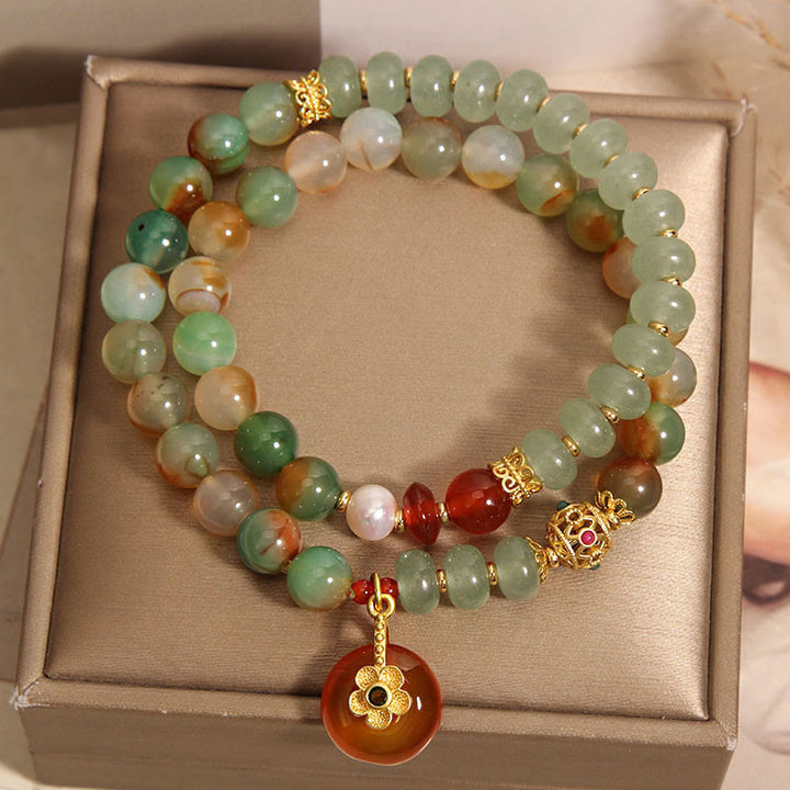 Buddha Stones Natural Colorful Peacock Agate Flower Peace Buckle Pearl Double Layer Support Bracelet