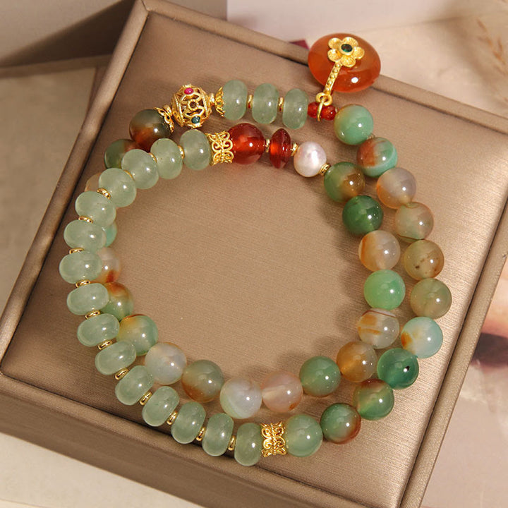 Buddha Stones Natural Colorful Peacock Agate Flower Peace Buckle Pearl Double Layer Support Bracelet