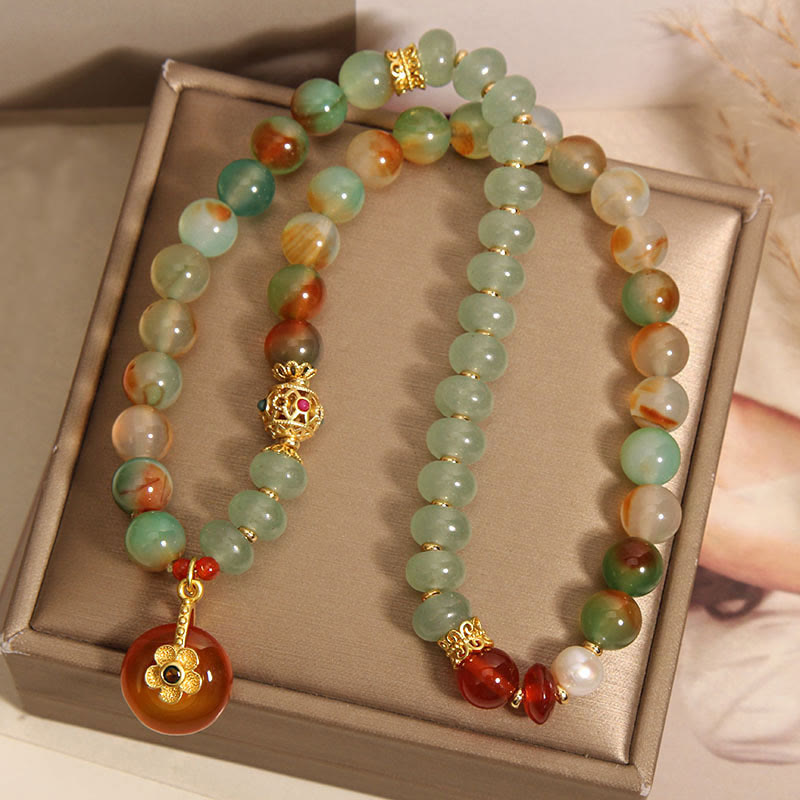 Buddha Stones Natural Colorful Peacock Agate Flower Peace Buckle Pearl Double Layer Support Bracelet
