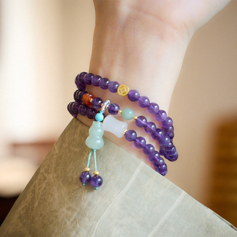 Buddha Stones Natural Amethyst Beads Coin Hanging Gourd Chalcedony Lotus Balance Multi-layer Bracelet
