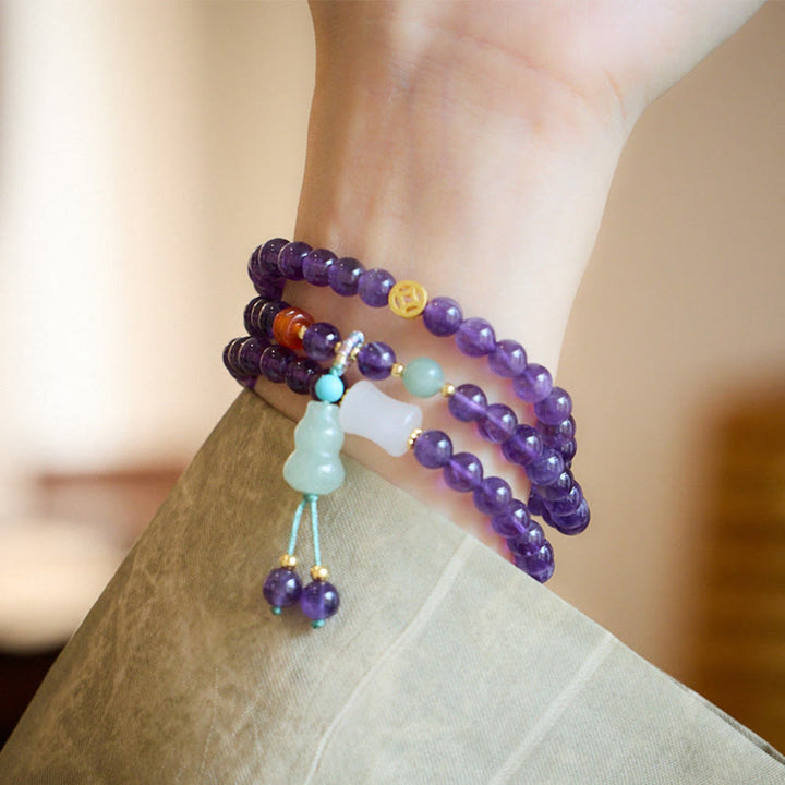 Buddha Stones Natural Amethyst Beads Coin Hanging Gourd Chalcedony Lotus Balance Multi-layer Bracelet