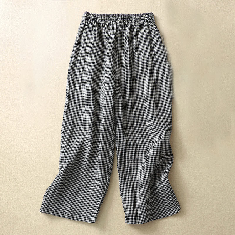 Buddha Stones Commute Casual Checkered Pattern 7-8 Length Women's Wide Leg Cotton Linen Pants With Pockets - Black - US8-10,UK/AU12-14,EU40-42 (2XL) - image 9