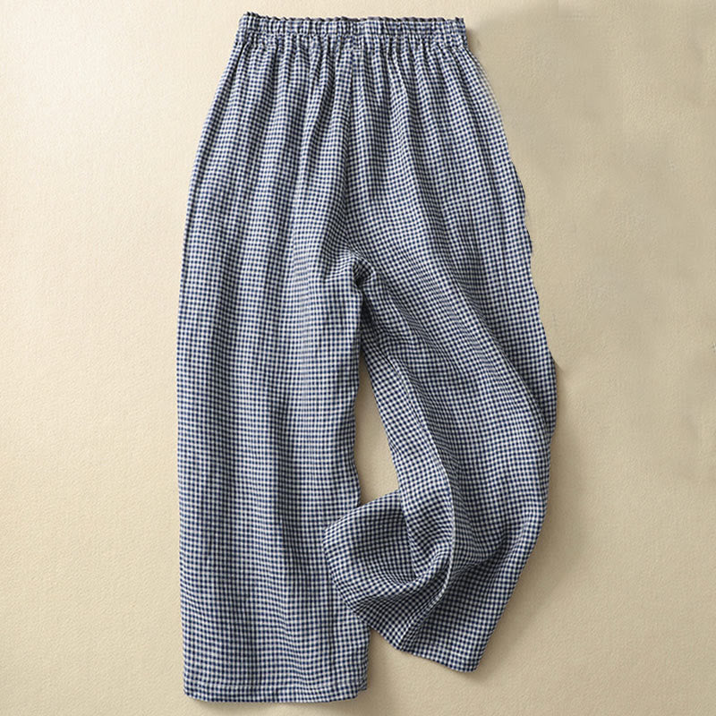 Buddha Stones Commute Casual Checkered Pattern 7-8 Length Women's Wide Leg Cotton Linen Pants With Pockets - Navy - US8-10,UK/AU12-14,EU40-42 (2XL) - image 0