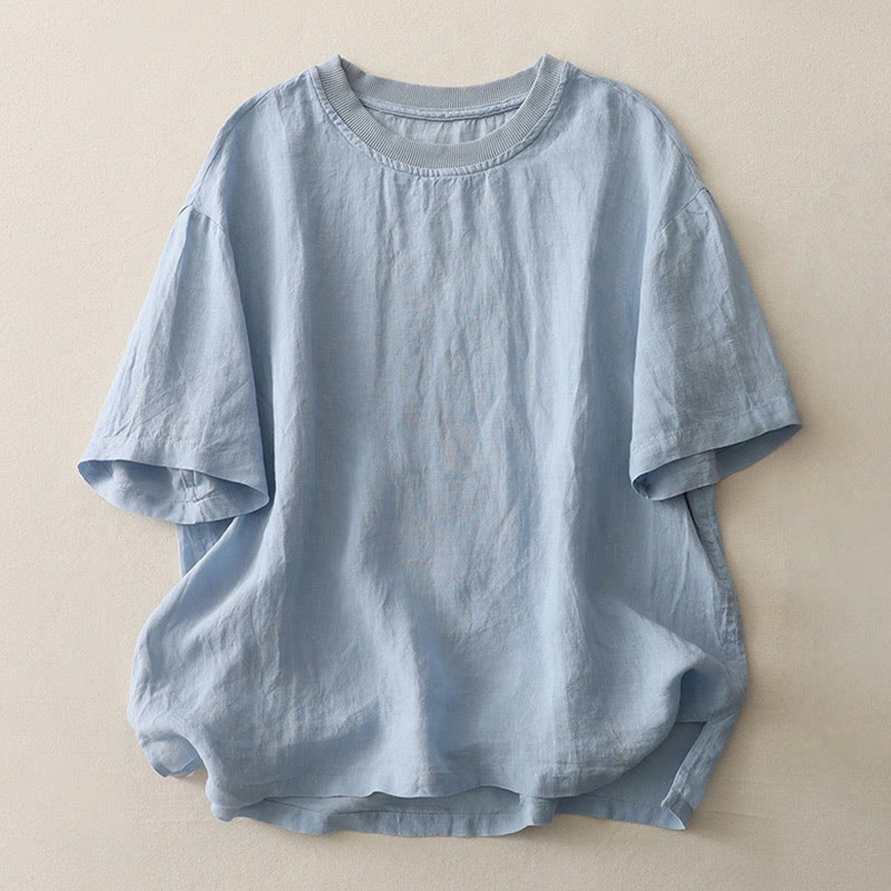 Buddha Stones Plain Threaded Crew Neck Design Women's Polyester Short Sleeves Shirt - LightSkyBlue - US14,UK/AU18,EU46 (2XL) - image 0
