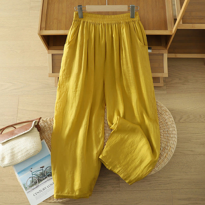 Buddha Stones Commute Pure Color Simple Design Women's Cotton Linen Ankle-Length Harem Pants With Pockets - Gold - US8-10,UK/AU12-14,EU40-42 (2XL) - image 0