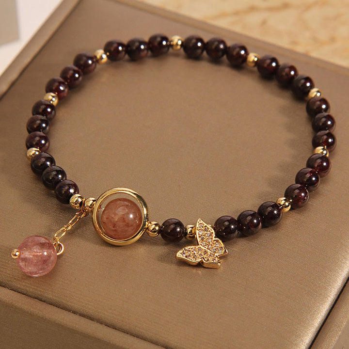 Buddha Stones Natural 3mm Ultra-thin Garnet Strawberry Quartz Butterfly Calm Bracelet