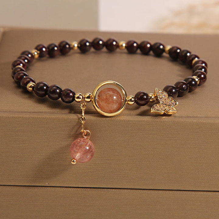 Buddha Stones Natural 3mm Ultra-thin Garnet Strawberry Quartz Butterfly Calm Bracelet