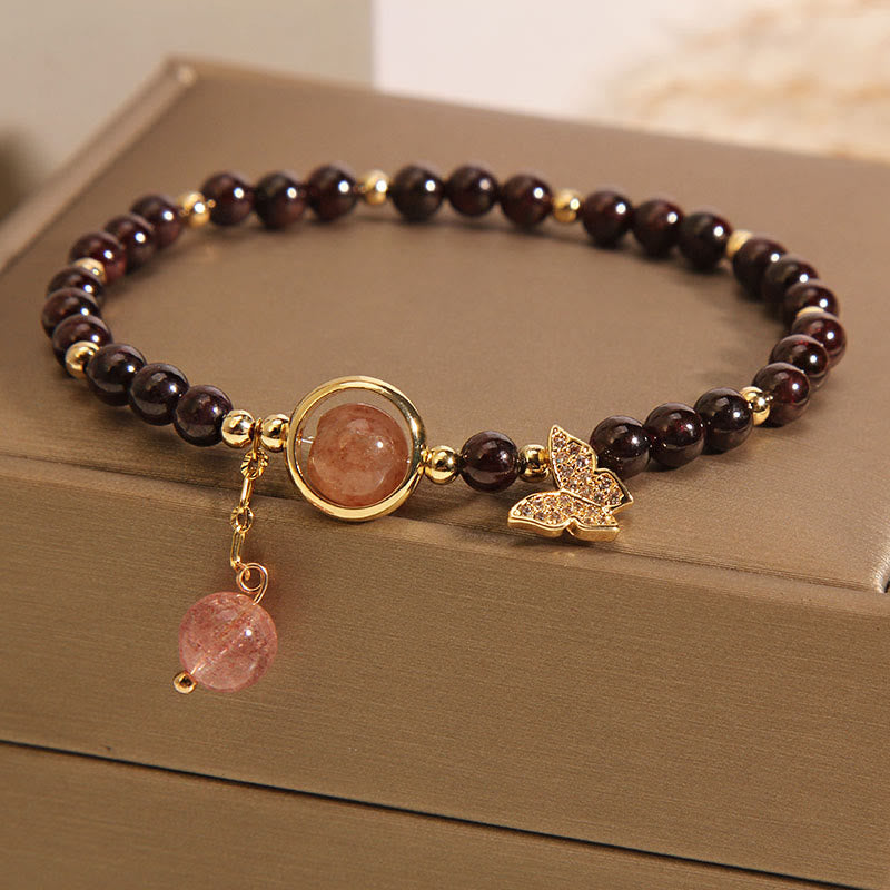 Buddha Stones Natural 3mm Ultra-thin Garnet Strawberry Quartz Butterfly Calm Bracelet