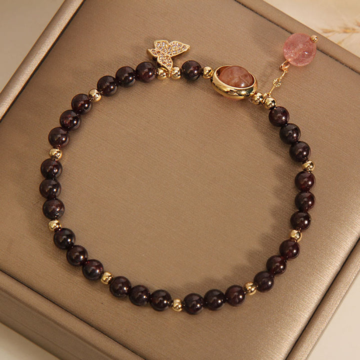 Buddha Stones Natural 3mm Ultra-thin Garnet Strawberry Quartz Butterfly Calm Bracelet
