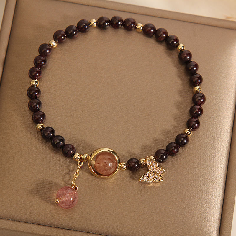 Buddha Stones Natural 3mm Ultra-thin Garnet Strawberry Quartz Butterfly Calm Bracelet