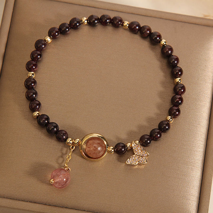 Buddha Stones Natural 3mm Ultra-thin Garnet Strawberry Quartz Butterfly Calm Bracelet