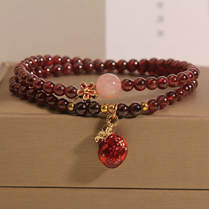 Buddha Stones Natural 3mm Ultra-thin Garnet Rose Quartz Beads Money Bag Bell Flower Protection Bracelet