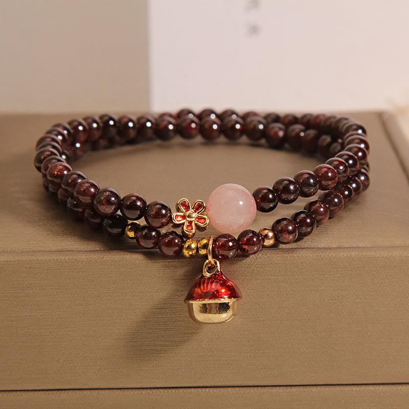 Buddha Stones Natural 3mm Ultra-thin Garnet Rose Quartz Beads Money Bag Bell Flower Protection Bracelet