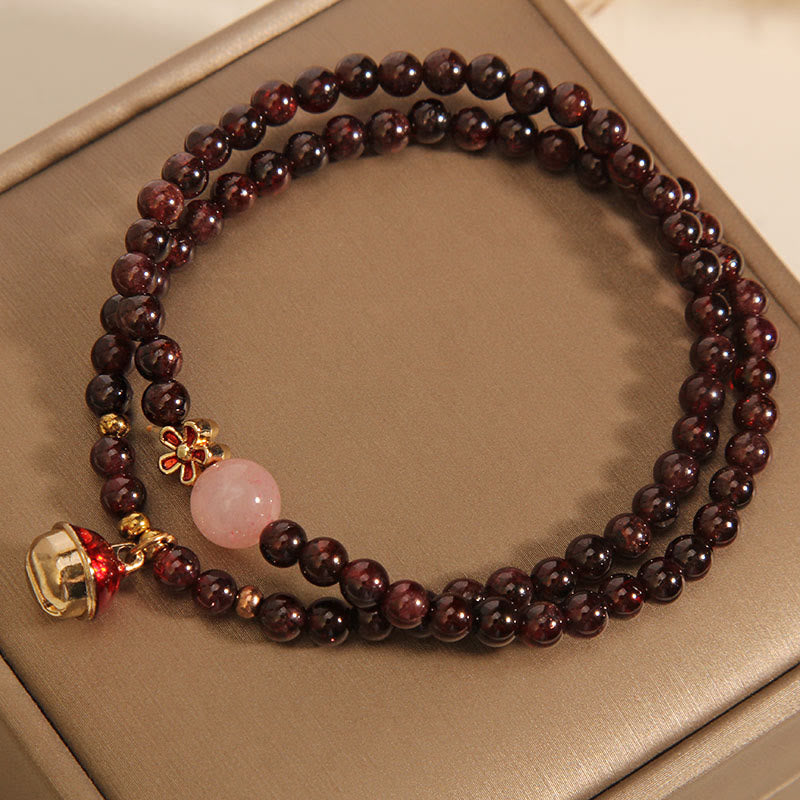 Buddha Stones Natural 3mm Ultra-thin Garnet Rose Quartz Beads Money Bag Bell Flower Protection Bracelet