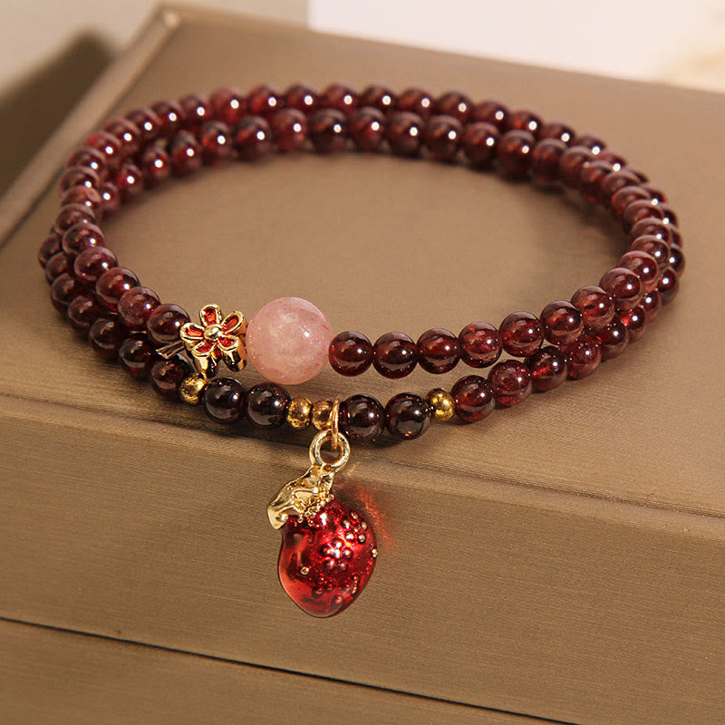 Buddha Stones Natural 3mm Ultra-thin Garnet Rose Quartz Beads Money Bag Bell Flower Protection Bracelet